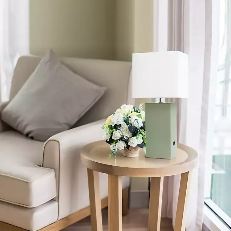 Kirklands Home Table Lamps|Sage Leather Charging Table Lamp Green