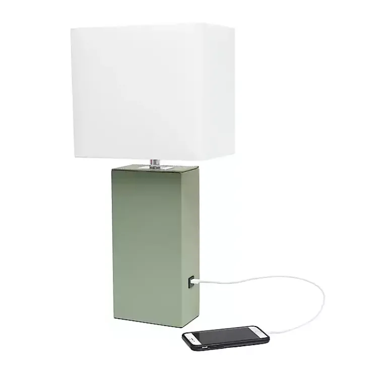 Kirklands Home Table Lamps|Sage Leather Charging Table Lamp Green