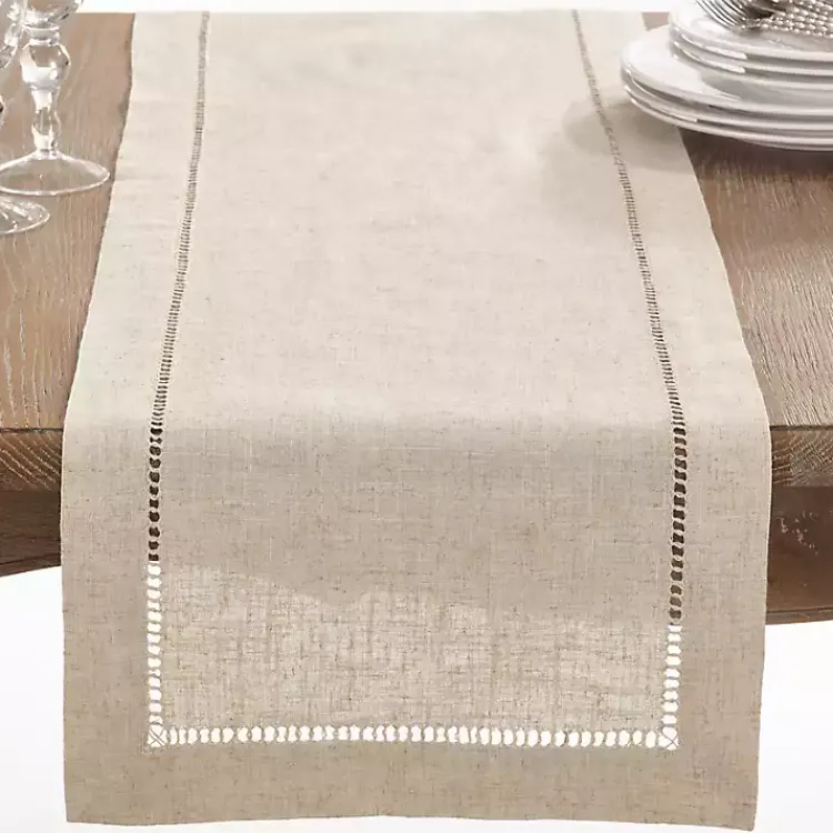 Kirklands Home Table Linens|Sand Beige Hemstitch Border Table Runner Tan