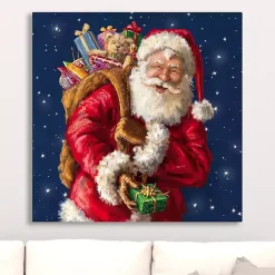 Online Santa with Gifts and Stars Canvas Art Print Christmas Art & Wall Decor