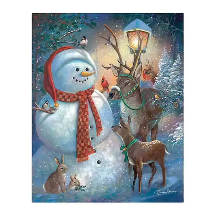 Scarf Snowman with Reindeer Canvas Art Print Christmas Art & Wall Decor