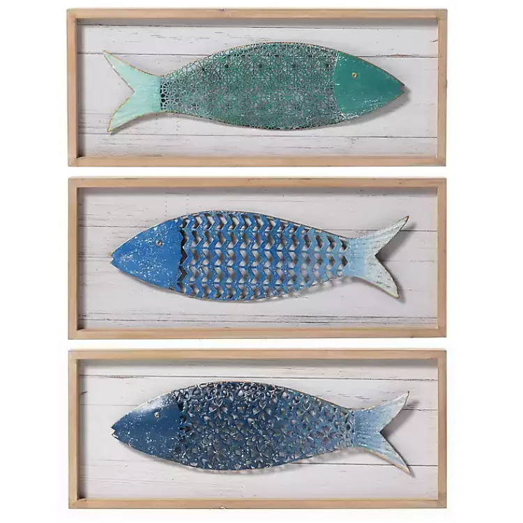 Kirklands Home Wall Plaques|School of Fish Wooden and Metal Plaques, Set of 3 Blue