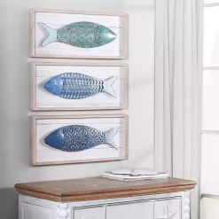 Kirklands Home Wall Plaques|School of Fish Wooden and Metal Plaques, Set of 3 Blue