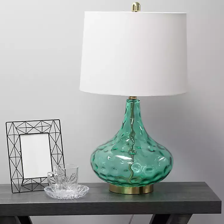 Kirklands Home Table Lamps|Seafoam Dimpled Glass Teardrop Table Lamp Blue