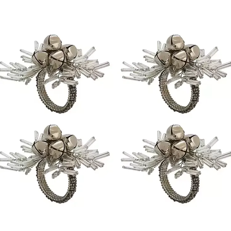 Kirklands Home Table Linens|Bells and Holly Napkin Rings, Set of 4 Silver