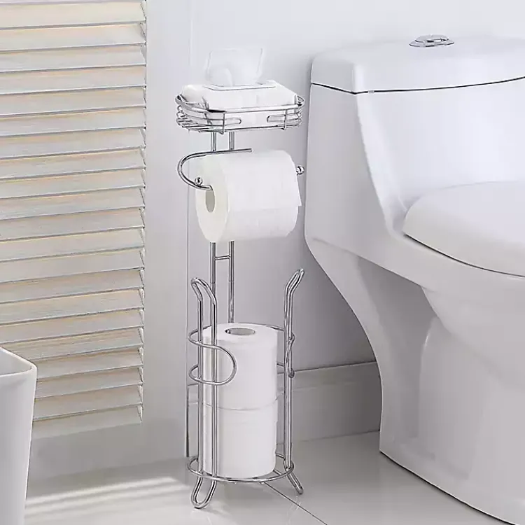 Kirklands Home Bathroom Accessories|Toilet Paper Storage Stand with Basket Silver