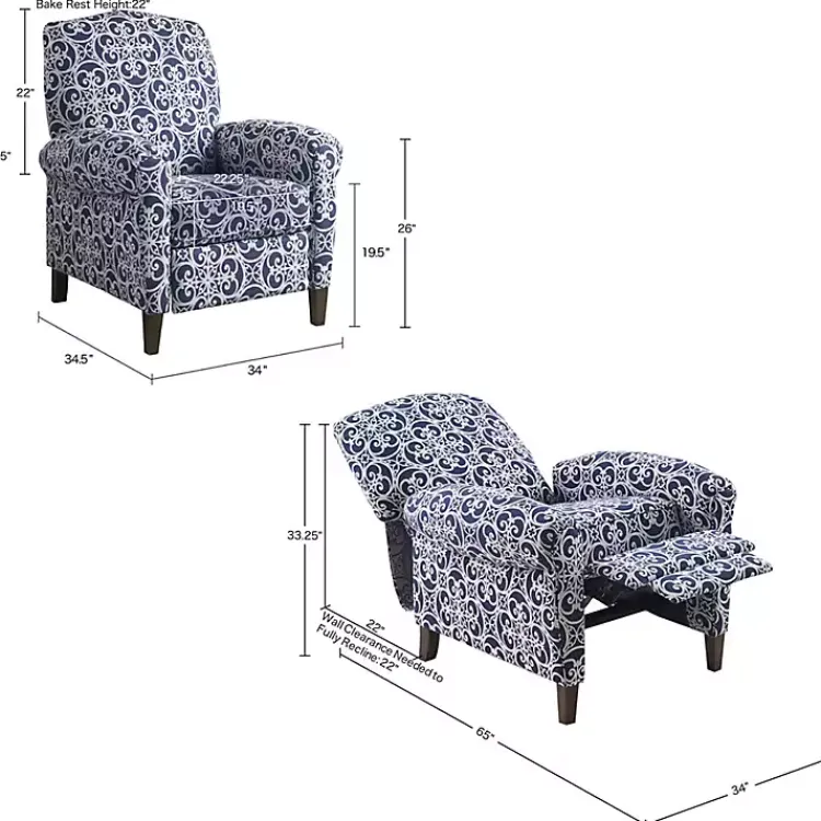 Kirklands Home Accent Chairs|Sky Fretwork Upholstered High Back Recliner Blue