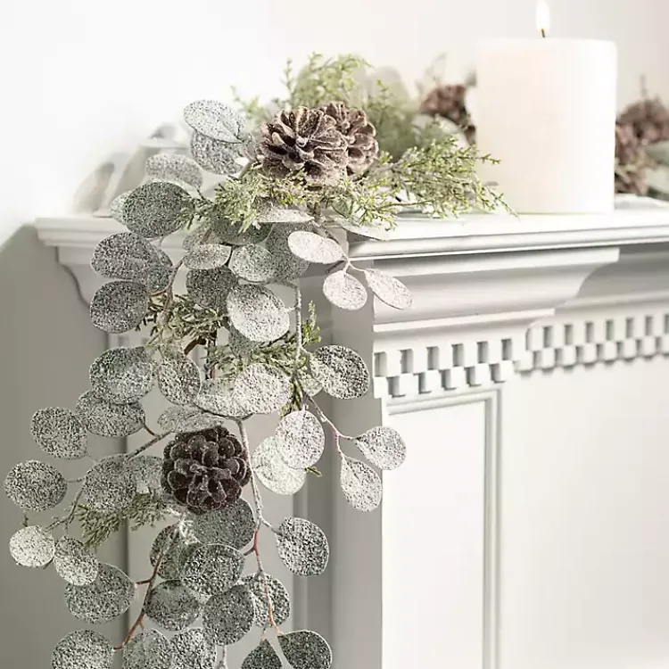 Hot Snow Dusted Eucalyptus and Pinecone Garland Christmas Arrangements & Garland