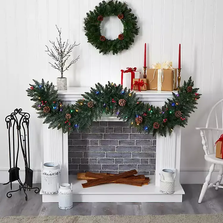 Hot Snow Dusted Pine Cone and Berries LED Garland Christmas Arrangements & Garland