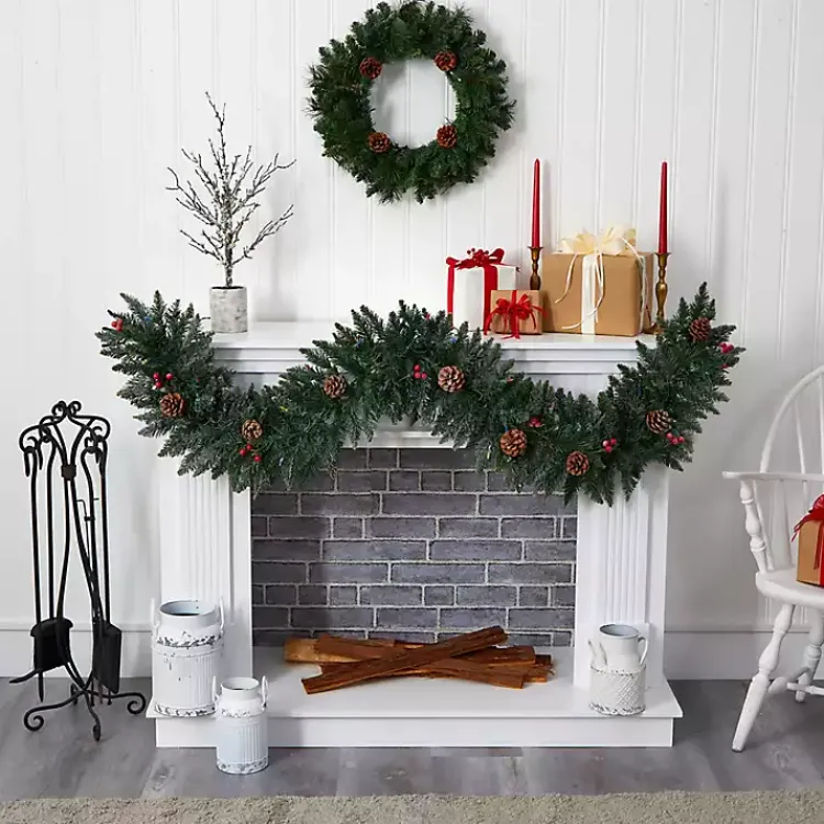 Hot Snow Dusted Pine Cone and Berries LED Garland Christmas Arrangements & Garland