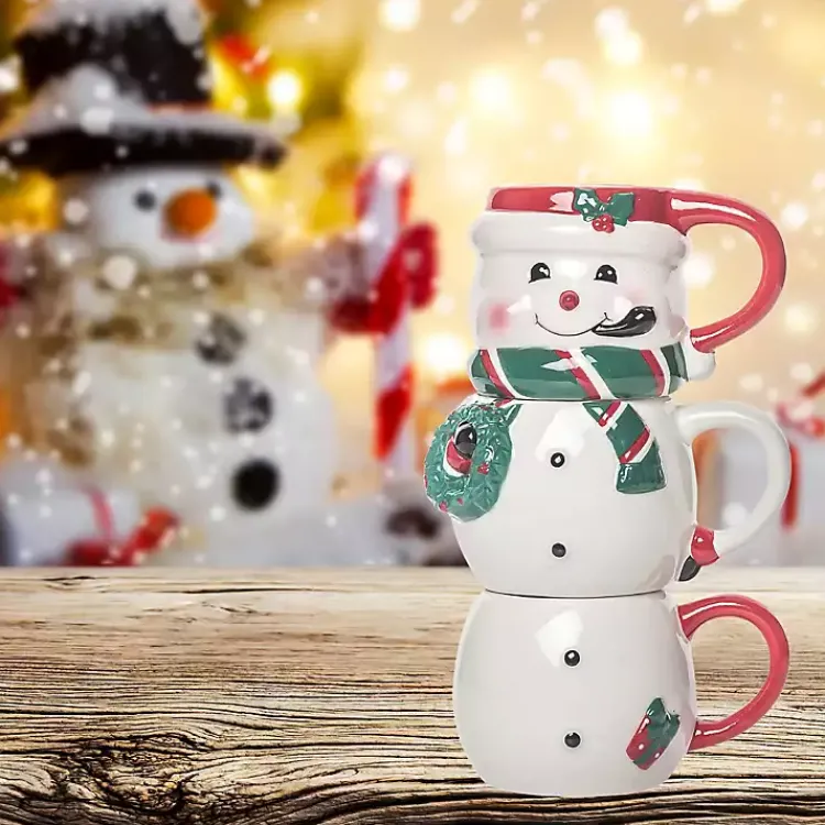 Sale Snowman Ceramic Stacking Mugs, Set of 3 Christmas Dining & Entertaining