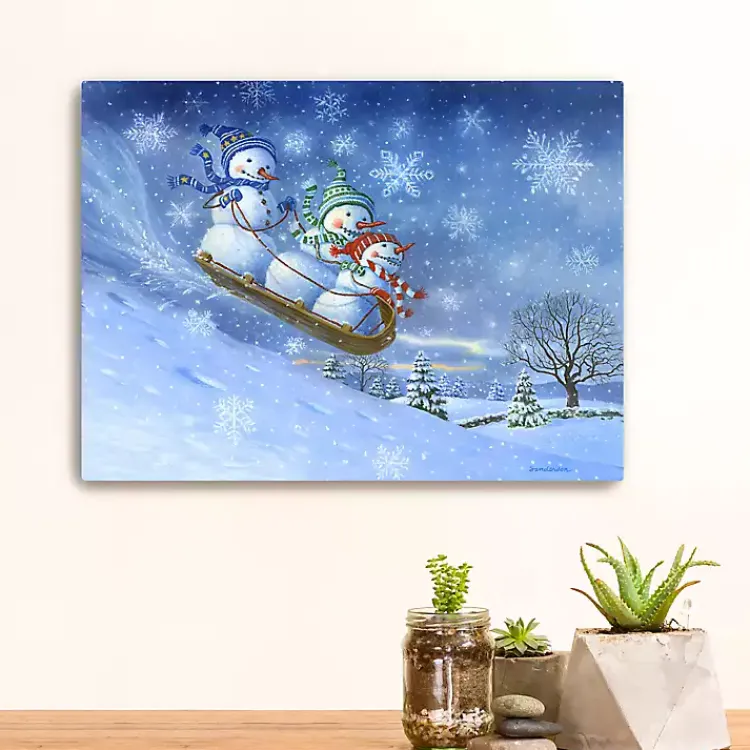 Online Snowman Sledding Canvas Christmas Art Print Christmas Art & Wall Decor