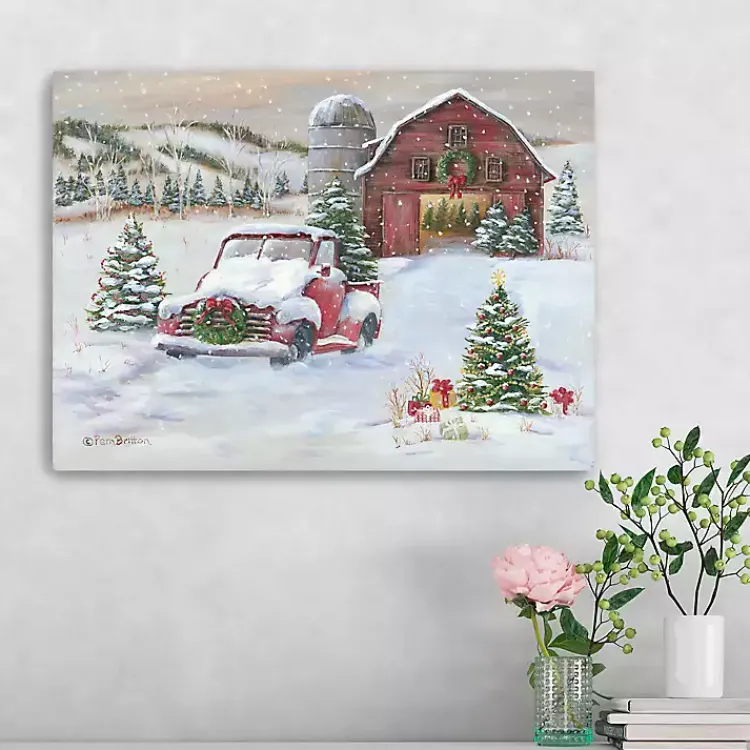 Best Snowy Farm with Truck Christmas Canvas Art Print Christmas Art & Wall Decor