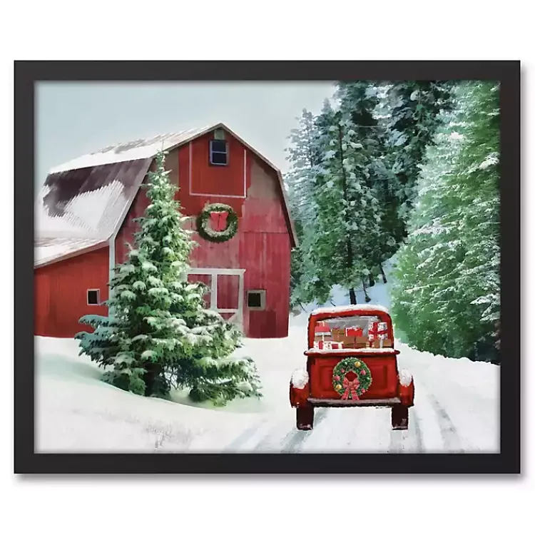 Best Snowy Red Barn Black Framed Canvas Art Print Christmas Art & Wall Decor
