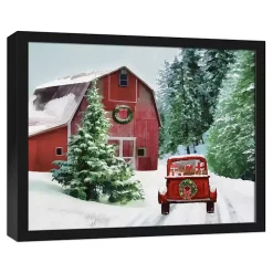 Best Snowy Red Barn Black Framed Canvas Art Print Christmas Art & Wall Decor