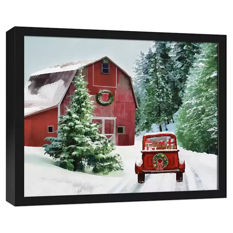 Best Snowy Red Barn Black Framed Canvas Art Print Christmas Art & Wall Decor