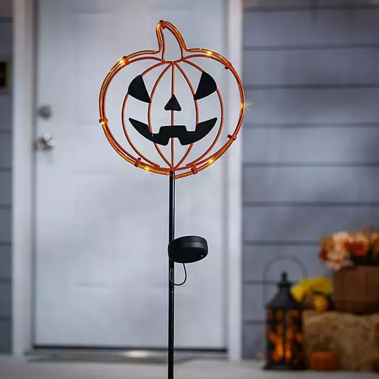 New Solar Pre-Lit Jack O Lantern Yard Stakes, Set of 2 Halloween