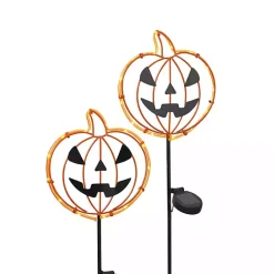New Solar Pre-Lit Jack O Lantern Yard Stakes, Set of 2 Halloween