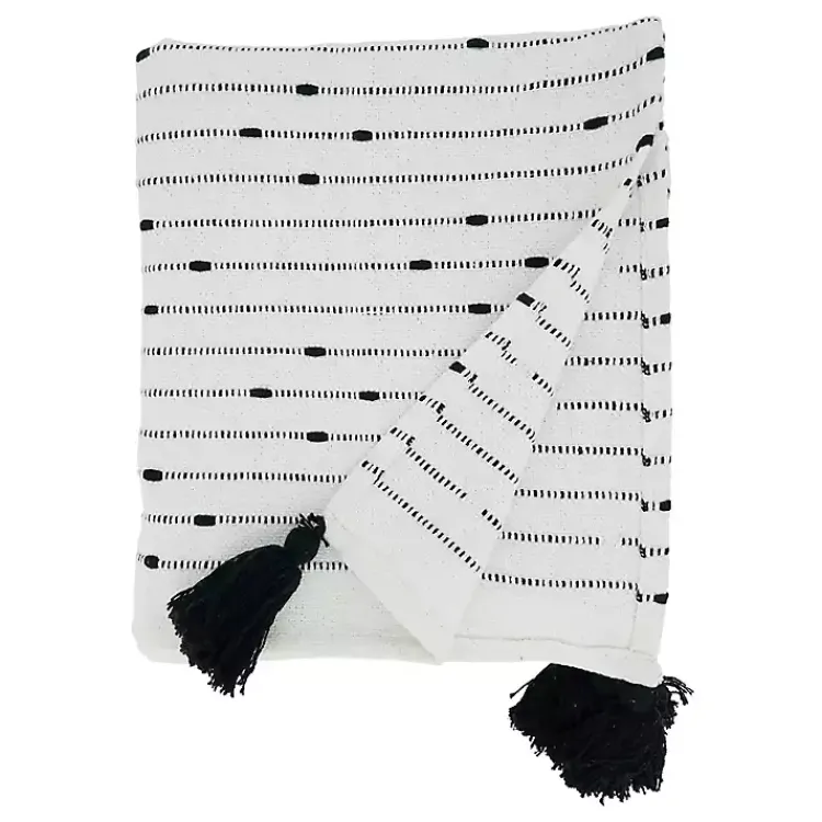 Sale Soot Black Textured Striped Tassel Throw Blankets & Throws