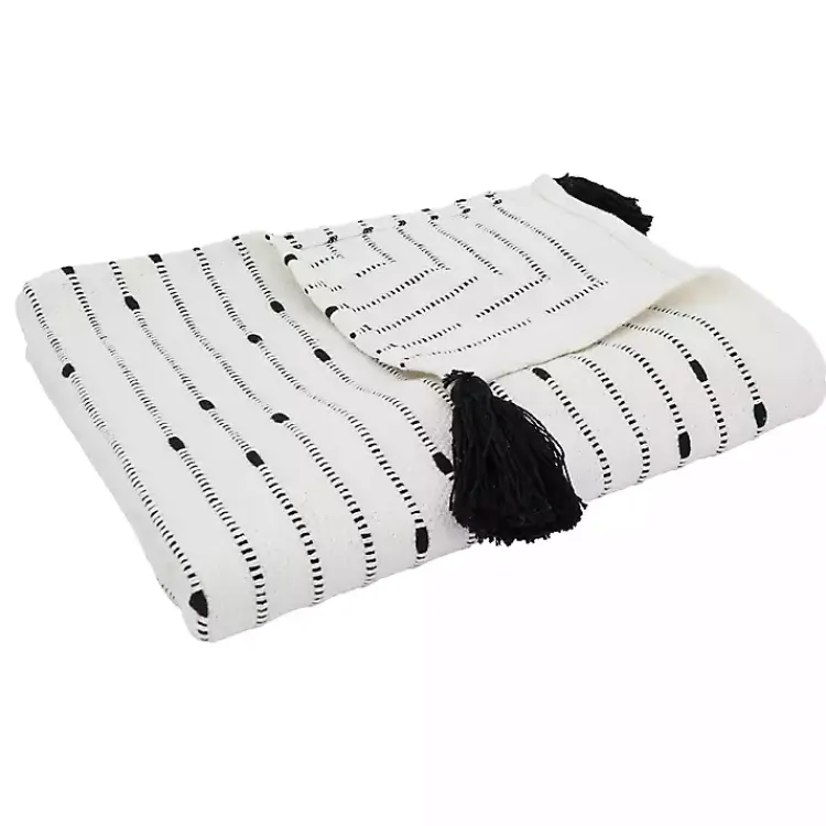 Sale Soot Black Textured Striped Tassel Throw Blankets & Throws