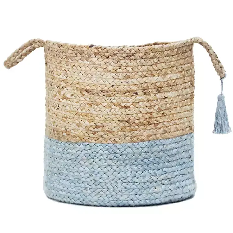 Outlet Spa Blue and Tan Woven Basket with Tassel, 17 in. Baskets & Boxes