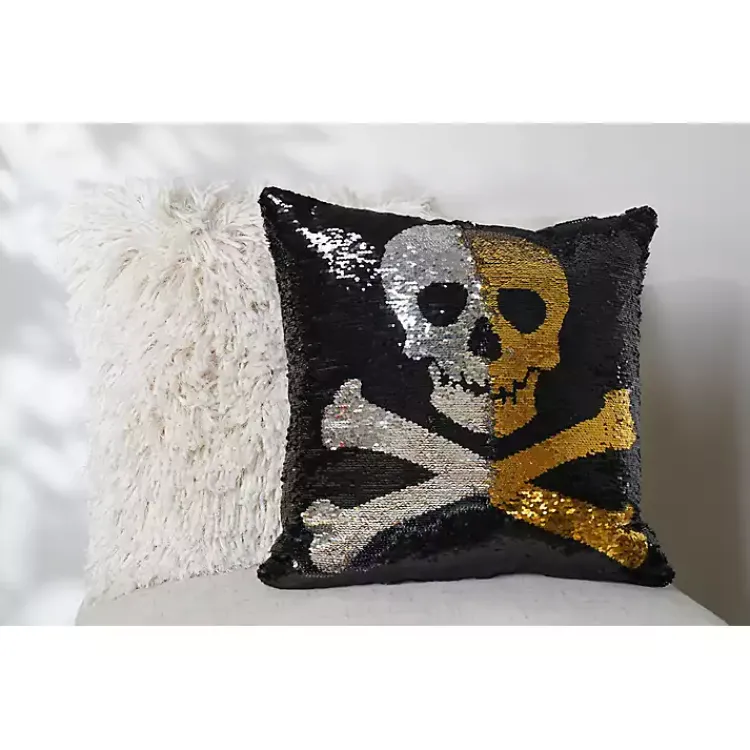 Best Sparkle Sequin Skull Pillow Halloween
