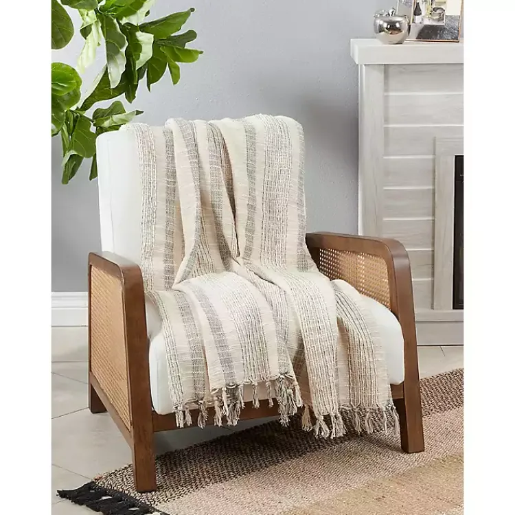 Discount Stripes and Fringe Cream Throw Blanket Blankets & Throws