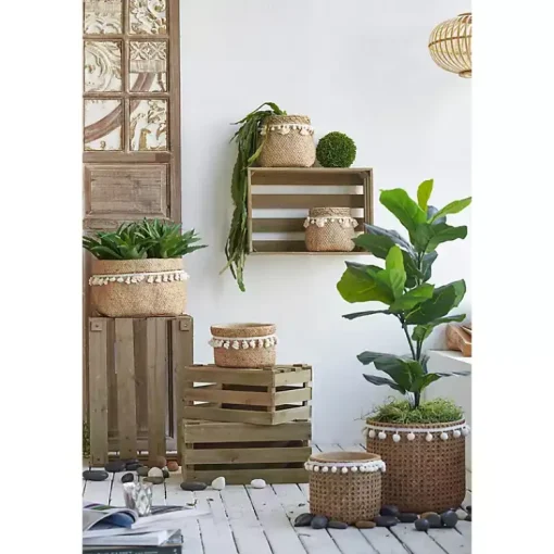 Kirklands Home Planters|Tall Woven Cement Baskets with Pom Poms, Set of 2 Brown