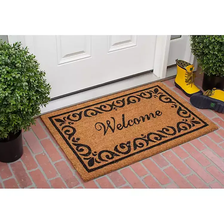 Kirklands Home Doormats|Tan and Black Scroll Welcome Doormat, 36x24 in.