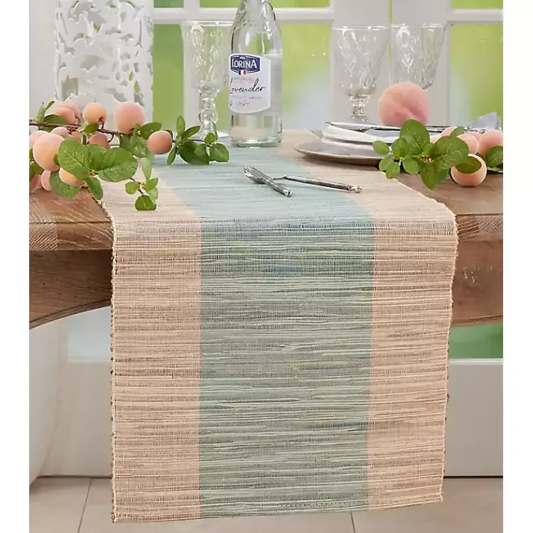 Kirklands Home Table Linens|Tan and Blue Shimmer Banded Table Runner