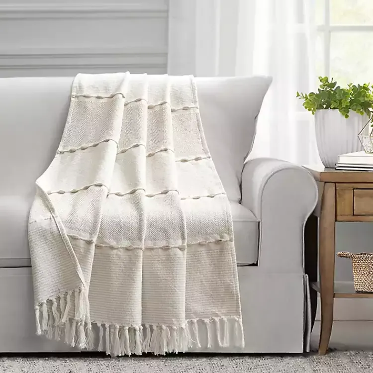 Sale Tan and White Herringbone Stripe Throw Blankets & Throws