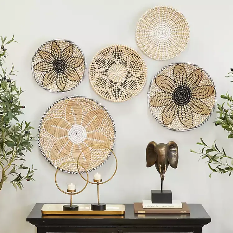 Kirklands Home Wall Plaques|Tan Bohemian Seagrass 5-pc. Wall Plaque Set