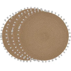 Kirklands Home Table Linens|Circular Pom Pom Placemats, Set of 4 Tan