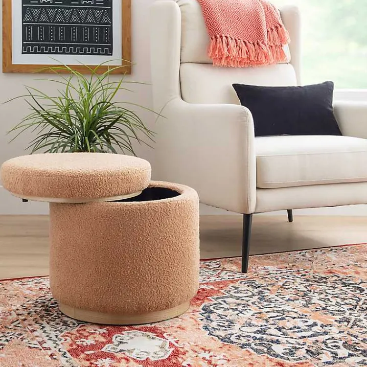 Kirklands Home Benches & Ottomans|Sherpa Upholstered Storage Ottoman Tan