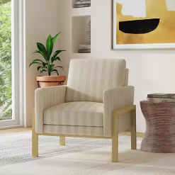 Kirklands Home Accent Chairs|Tan Striped Upholstered Wood Frame Armchair