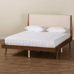 Kirklands Home Beds & Headboards|Tan Upholstered Brown Wood Full Platform Bed