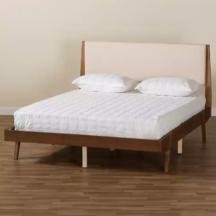 Kirklands Home Beds & Headboards|Tan Upholstered Brown Wood Full Platform Bed