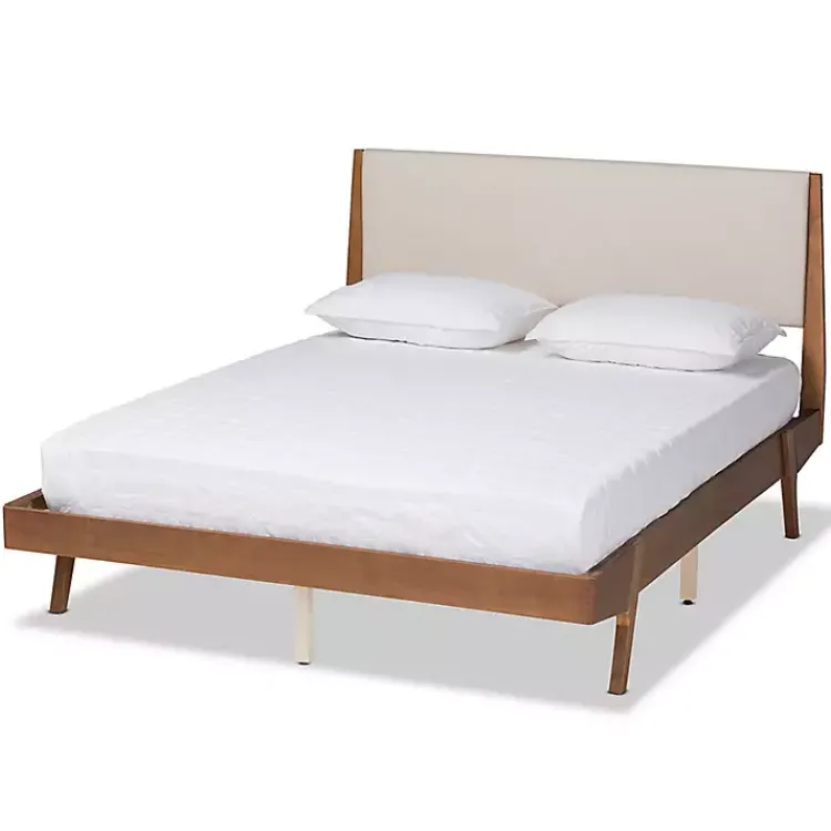 Kirklands Home Beds & Headboards|Tan Upholstered Brown Wood Queen Platform Bed
