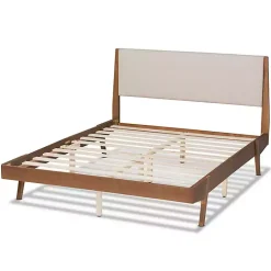 Kirklands Home Beds & Headboards|Tan Upholstered Brown Wood Queen Platform Bed