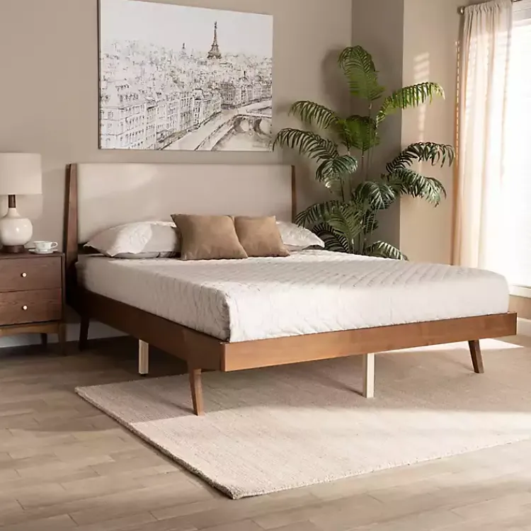 Kirklands Home Beds & Headboards|Tan Upholstered Brown Wood Queen Platform Bed
