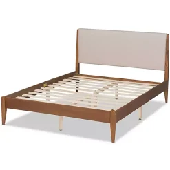 Kirklands Home Beds & Headboards|Tan Upholstered Brown Wood King Platform Bed
