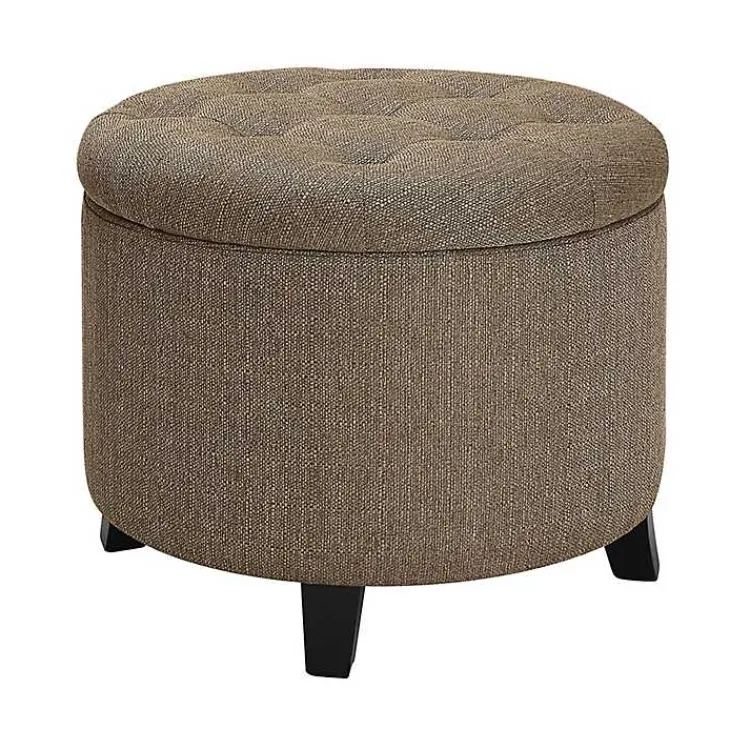Kirklands Home Benches & Ottomans|Upholstered Eliza Round Storage Ottoman Tan