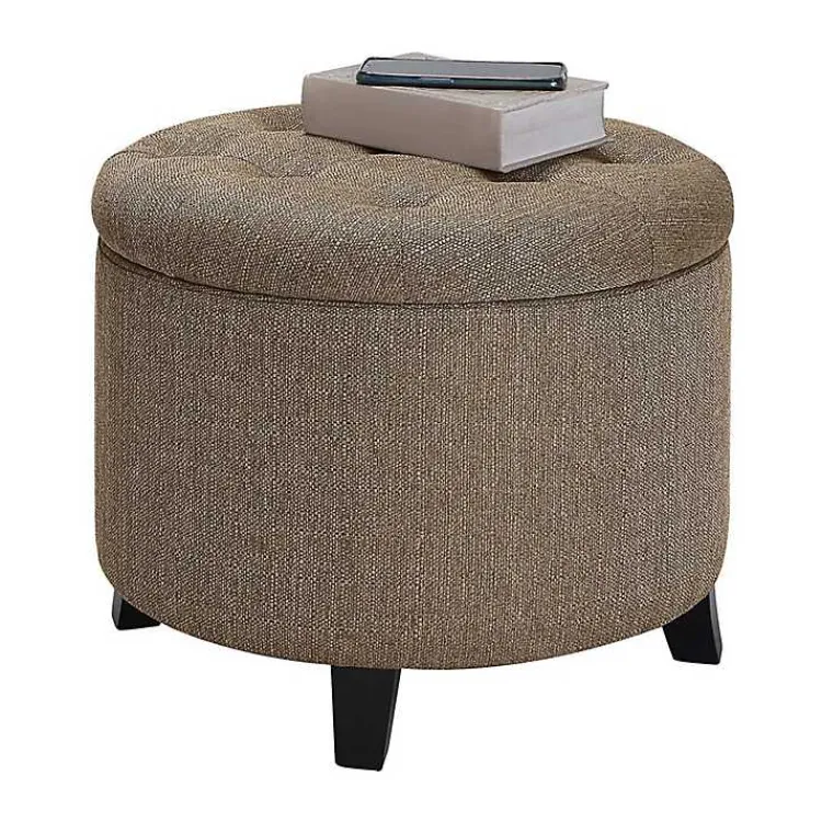 Kirklands Home Benches & Ottomans|Upholstered Eliza Round Storage Ottoman Tan