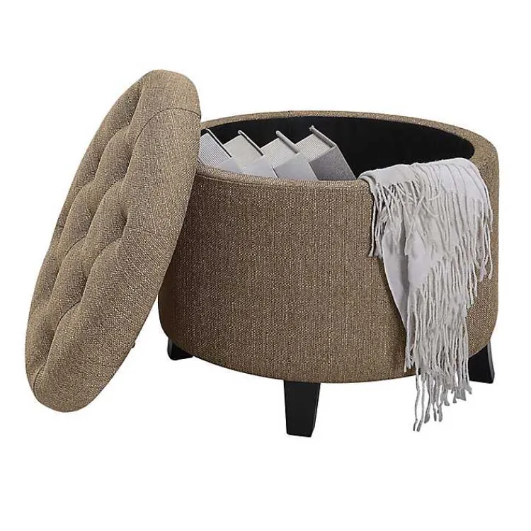 Kirklands Home Benches & Ottomans|Upholstered Eliza Round Storage Ottoman Tan