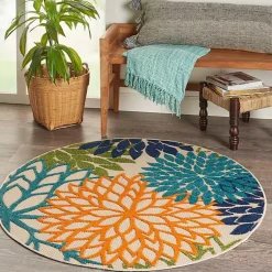 Kirklands Home Outdoor Rugs|Tangerine Floral Burst Round Outdoor Area Rug