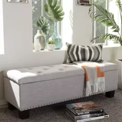 Kirklands Home Entryway Furniture|Taupe Button-Tufted Upholstered Storage Bench Tan