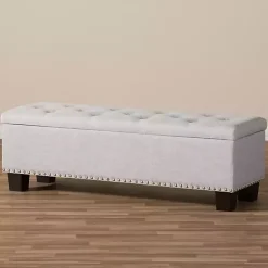 Kirklands Home Entryway Furniture|Taupe Button-Tufted Upholstered Storage Bench Tan