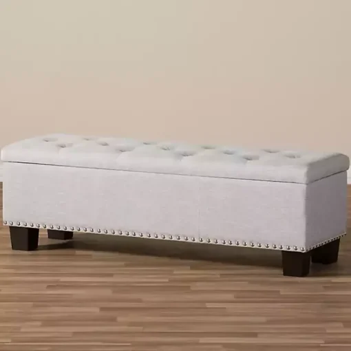 Kirklands Home Entryway Furniture|Taupe Button-Tufted Upholstered Storage Bench Tan