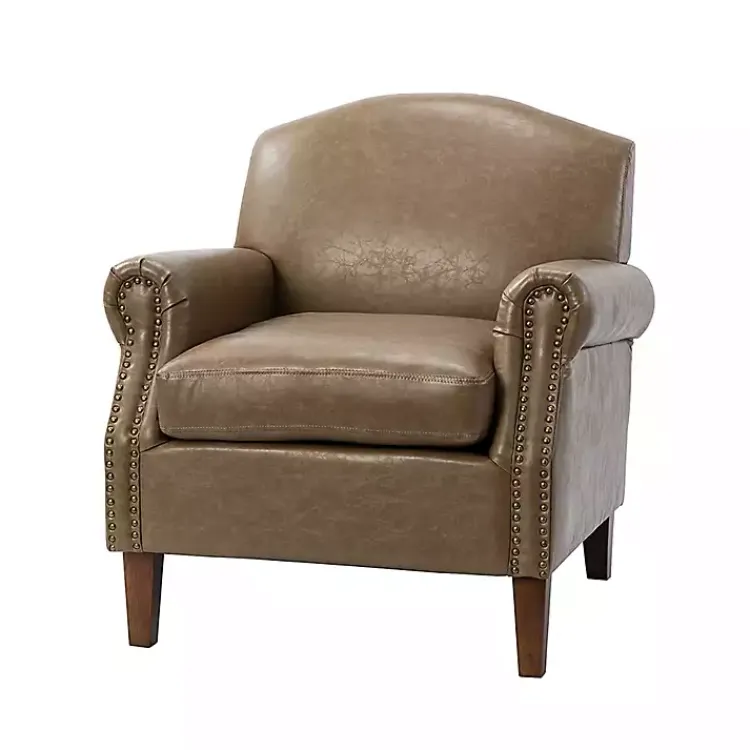 Kirklands Home Accent Chairs|Taupe Faux Leather Nailhead Taylor Armchair Brown