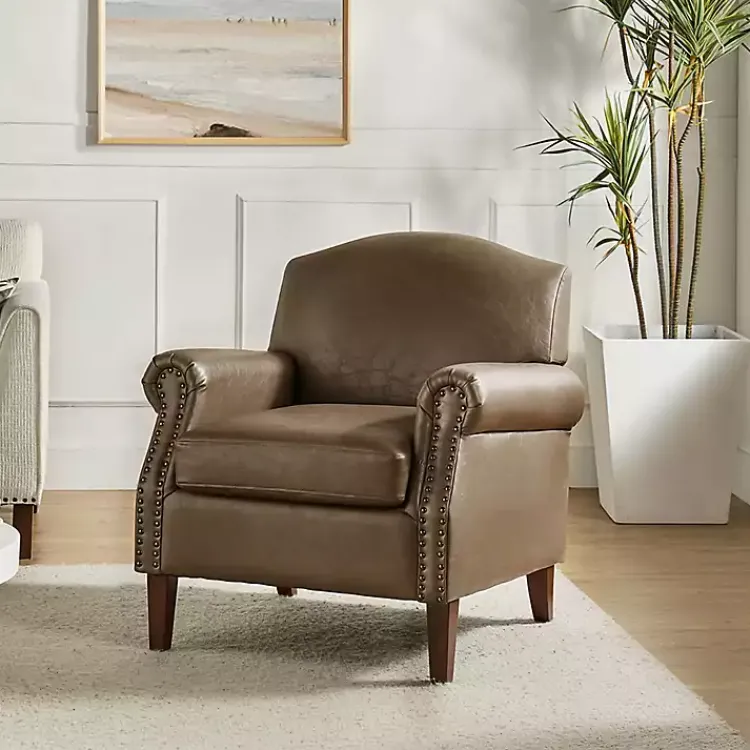 Kirklands Home Accent Chairs|Taupe Faux Leather Nailhead Taylor Armchair Brown